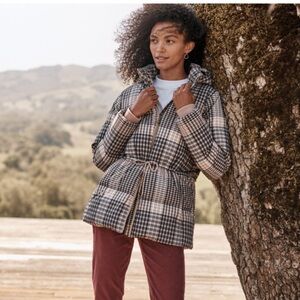 Garnet Hill Cinched Waist Down Jacket Puffer Plaid Tartan L